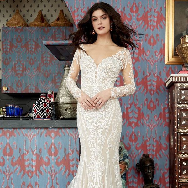 在印花布花边型号长袖V领装修和耀斑礼服