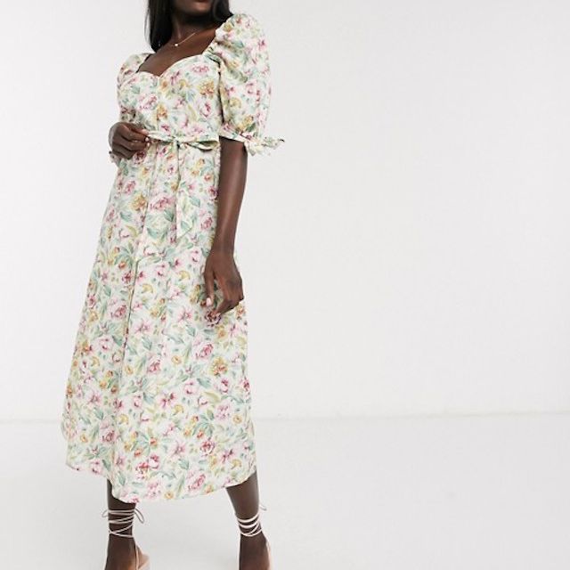 ASOS设计纯棉蒲蛋白泡芙袖山茶壶连衣裙$ 38.55（原文为67美元）