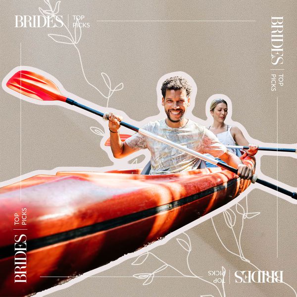 一对夫妇一起划皮划艇的照片组合。