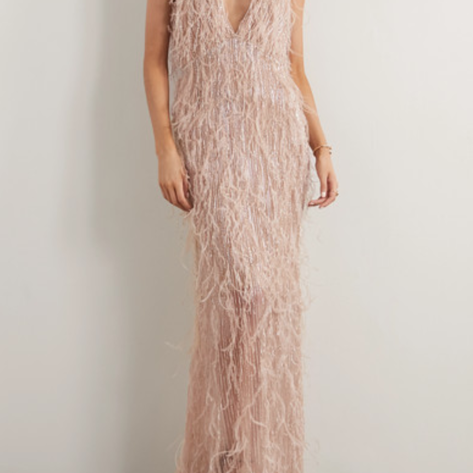 玛切萨(MARCHESA)饰有羽毛边的装饰薄纱礼服