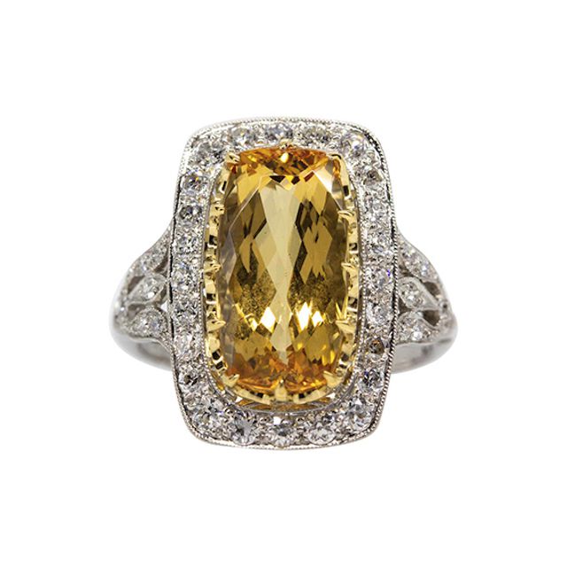 1stdibs手工制作的白金钻石和黄水晶戒指