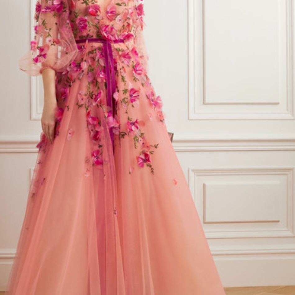 Marchesa的天鹅绒修剪点缀刺绣薄纱OMBRE礼服