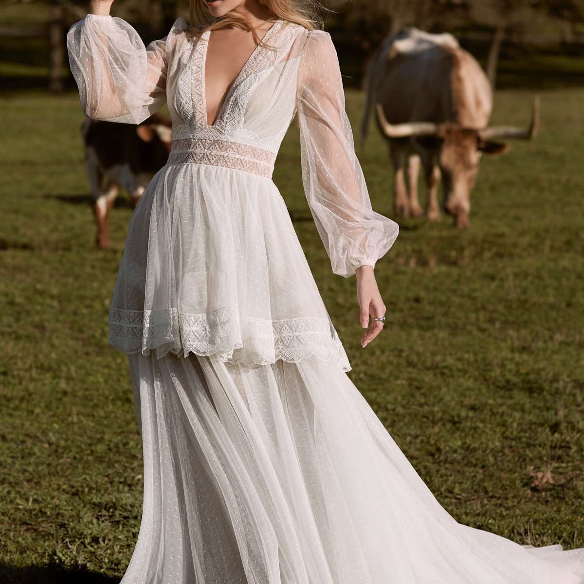 模型在深型V领长袖礼服，带边界蕾丝装饰和裙子