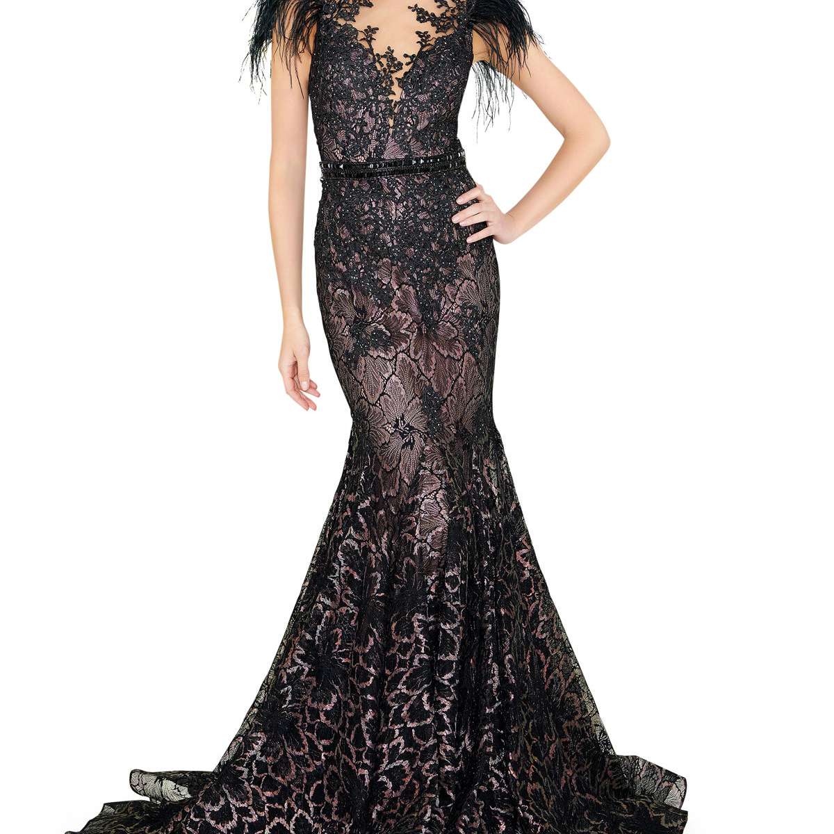 苹果Duggal羽毛点缀帽袖连衣裙