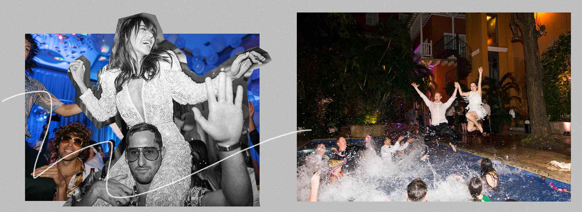 新娘在婚礼上跳舞，新郎和新娘跳进水池