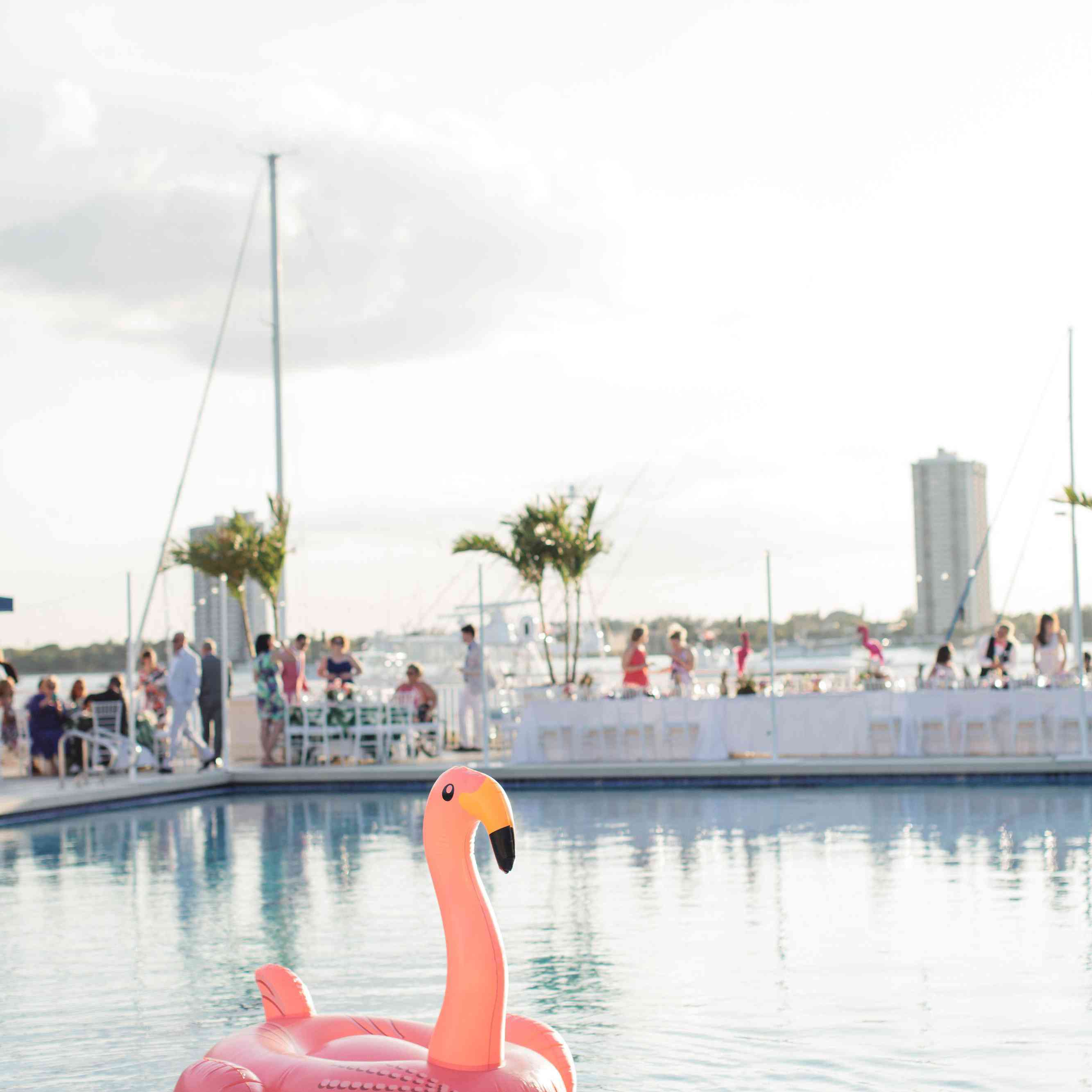 粉红色的火烈鸟漂浮在泳池派对