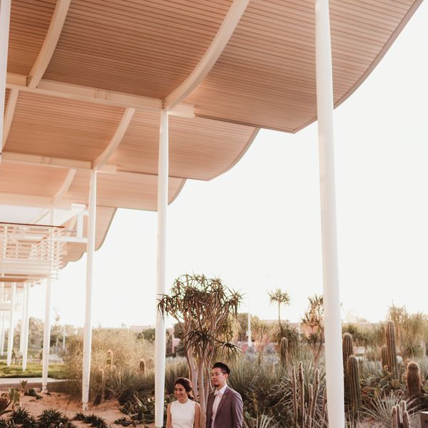 新郎和新娘站在沙漠里