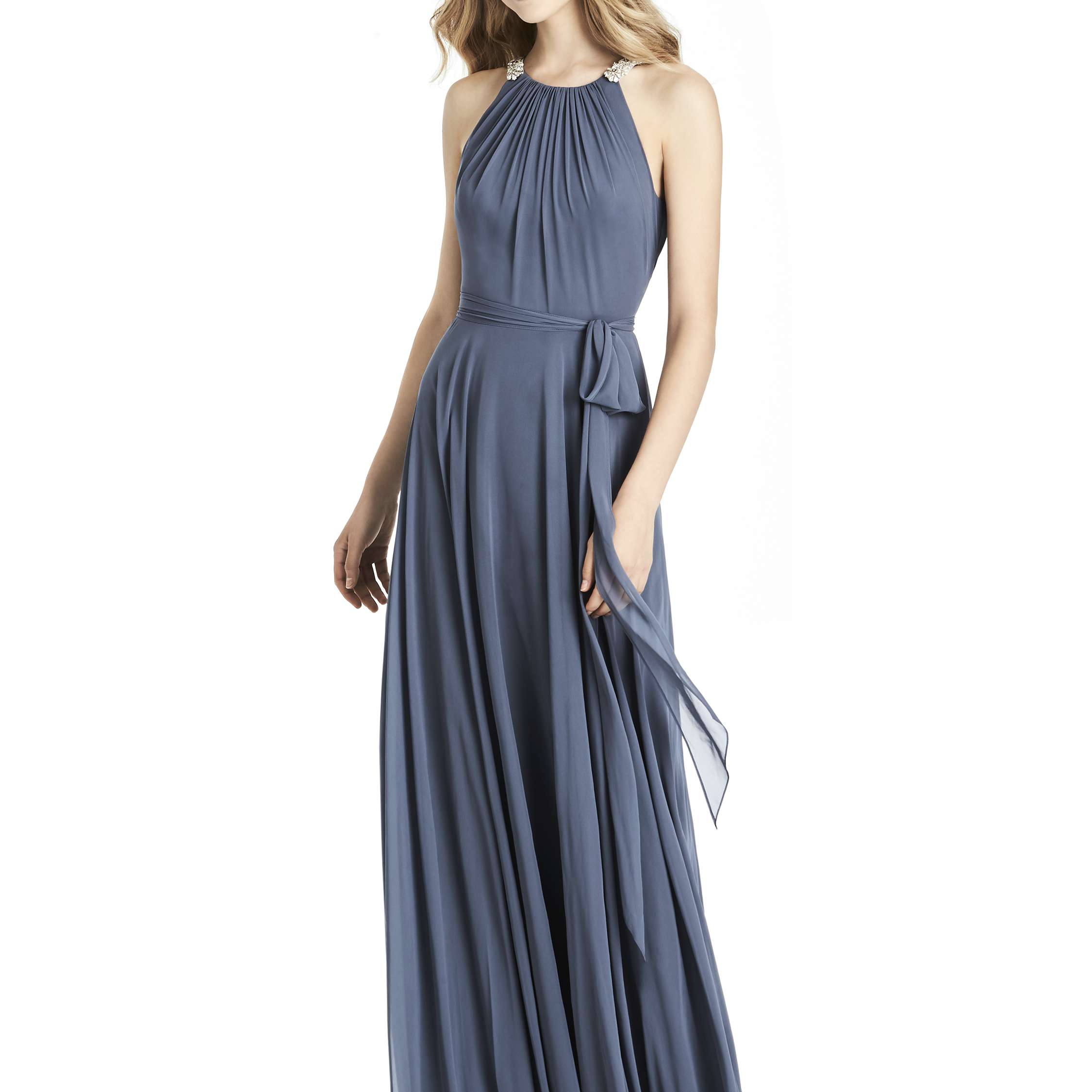 珍妮派克汉姆珠褶皱露背连衣裙配腰带