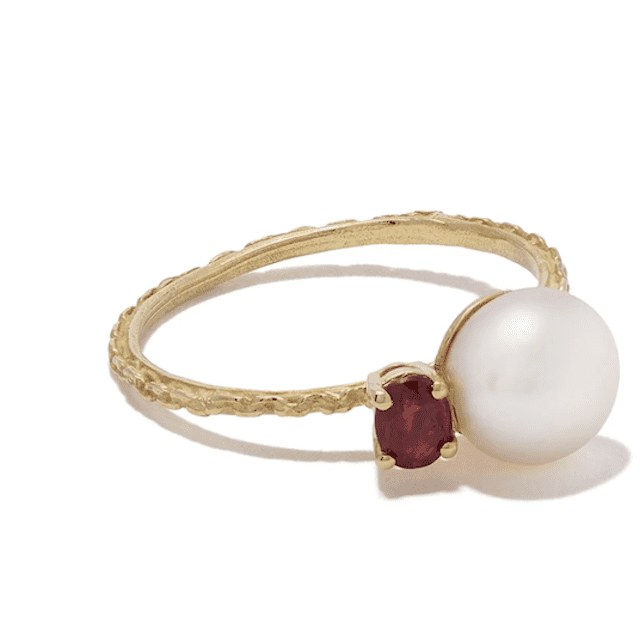 珍珠红宝石戒指，镶金镶边