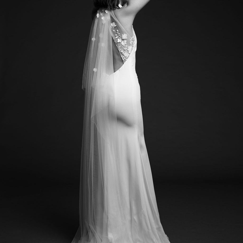 模特在绉连衣裙与开放的背部