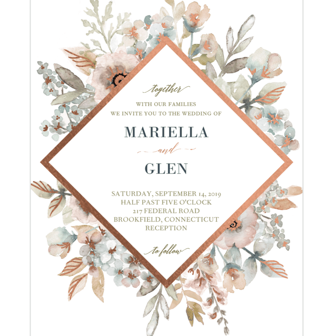 婚礼邀请与水彩花和钻石几何