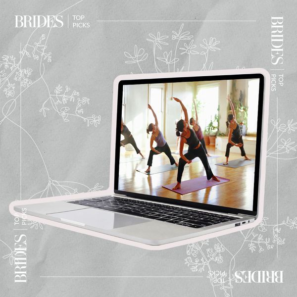 照片合成一台笔记本电脑玩瑜伽课的。