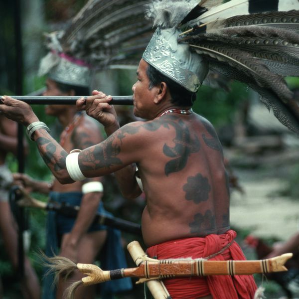 一个伊班战士用吹灰枪练习