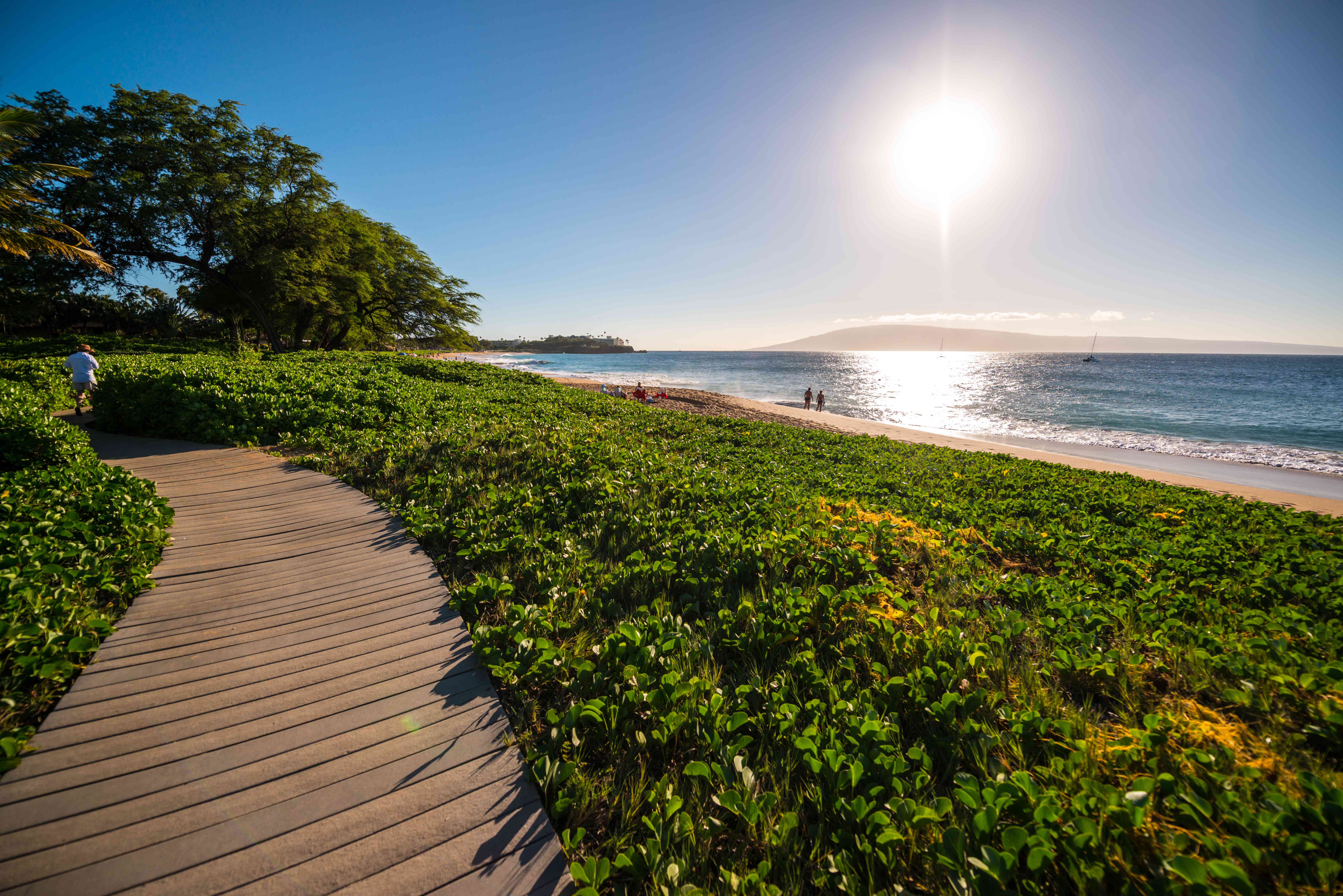 人们走在浮桥和海滩卡阿纳帕利海滩夏威夷毛伊岛