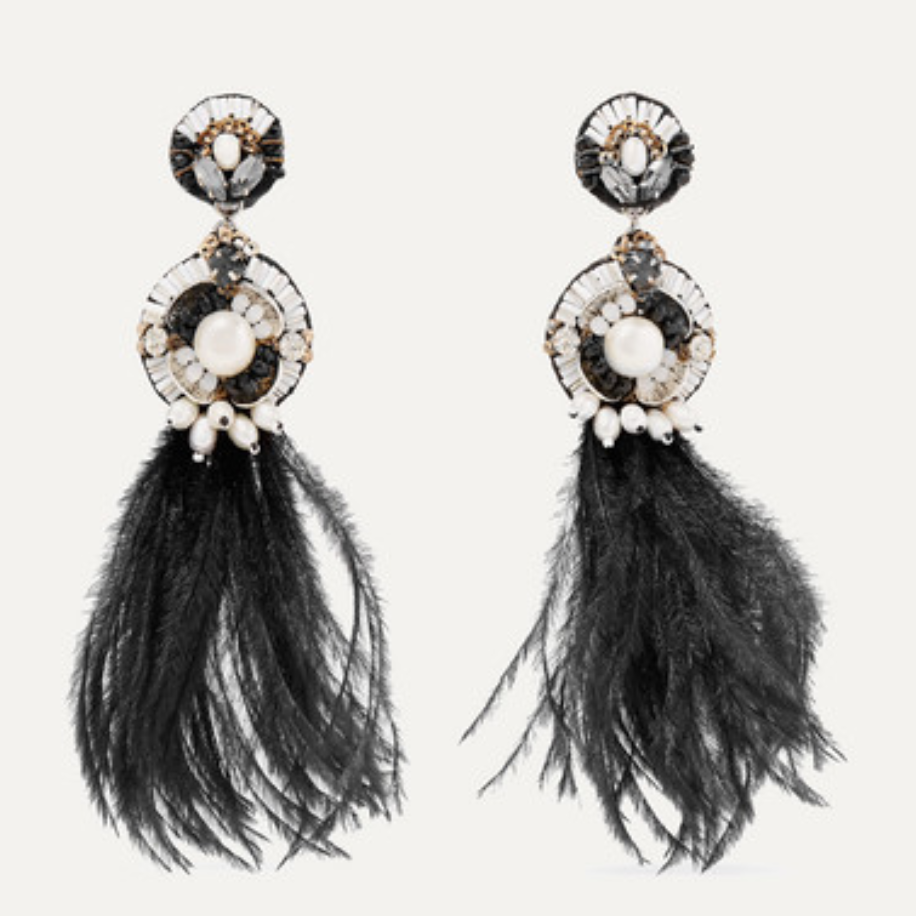 RANJANA KHANGold-tone，皮革，羽毛，珍珠母和水晶夹耳环