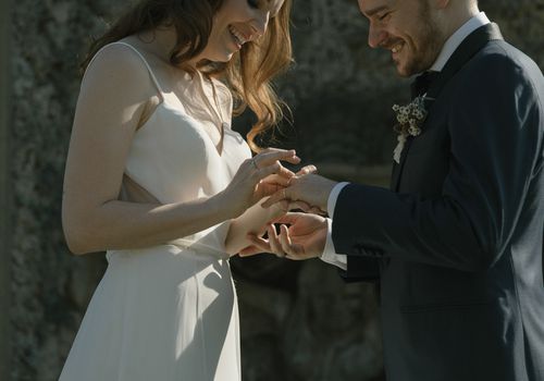 <p>exchanging rings putting on wedding bands</p>