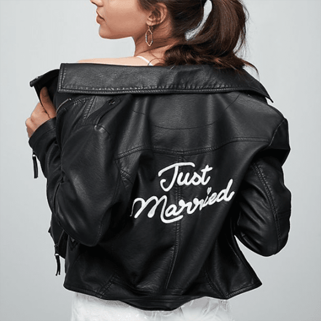 刚刚结婚绣花素食皮革Moto夹克
