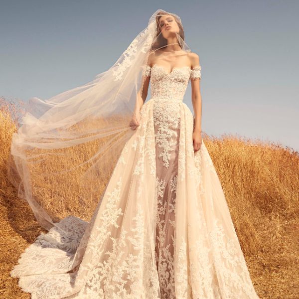 在断开肩壳薄纱裙饰绣灰白色花边嵌花和匹配面纱模型