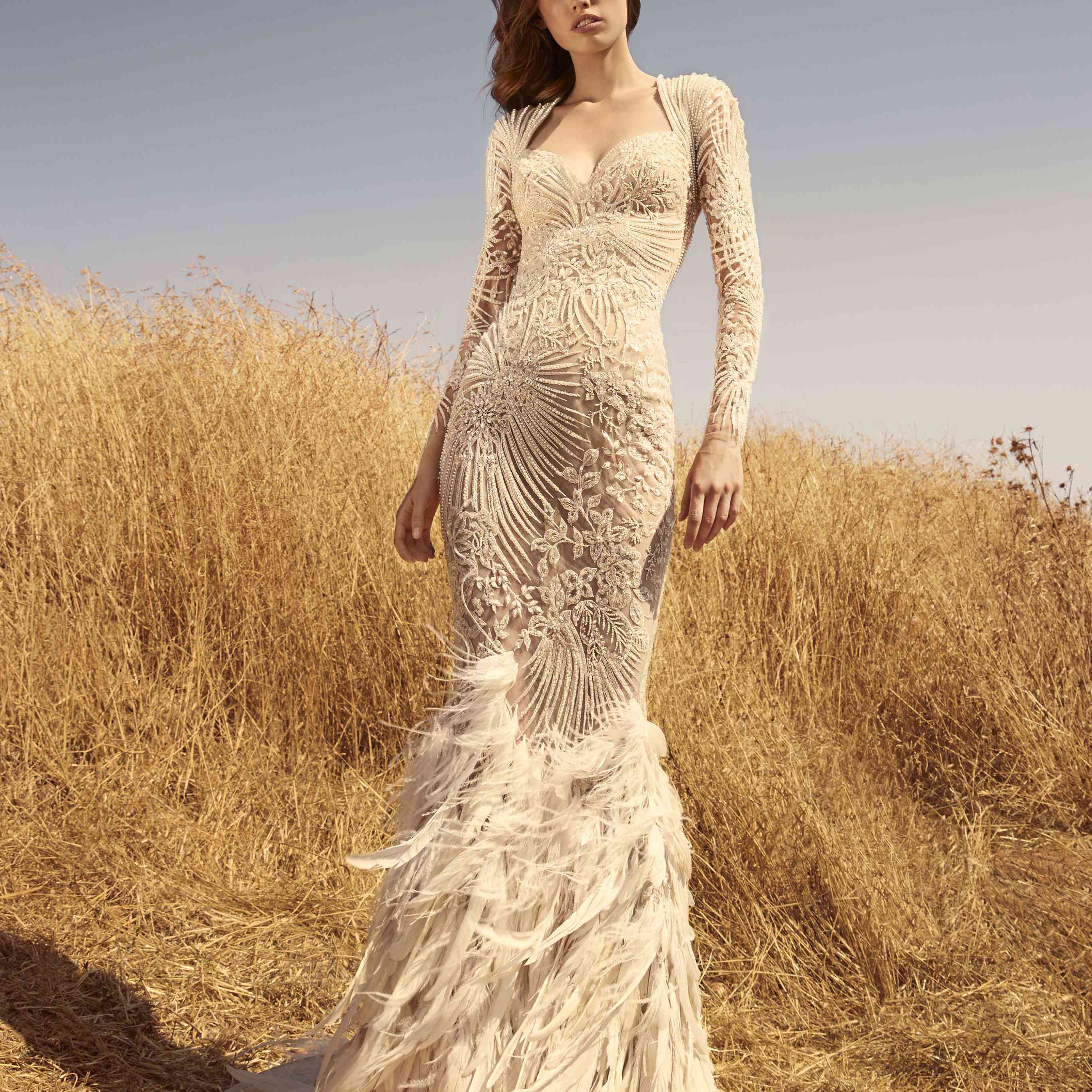 烟雾灰色长袖刺绣美人鱼连衣裙带羽毛刺绣裙子