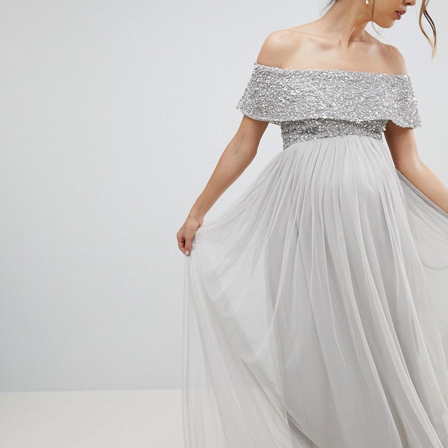 玛雅孕妇伴娘芭铎玛铎薄纱礼服与色调精致的亮片在银